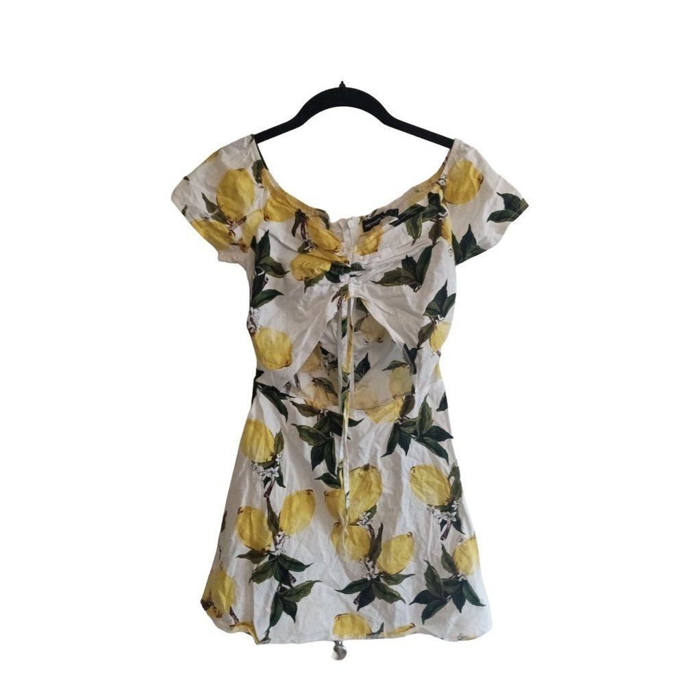PrettyLittleThing White Lemon Print Cut-Out Mini Dress - Size USA 4